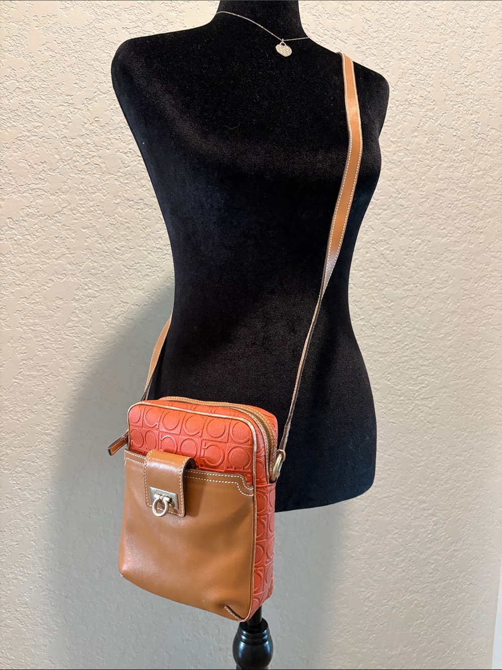 Salvatore Ferragamo Leather Crossbody Bag in Tan and Orange